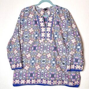 Talbots Peasant Top Sz 2X Pink Blue Print Boho Gauze Lightweight Cotton Beach